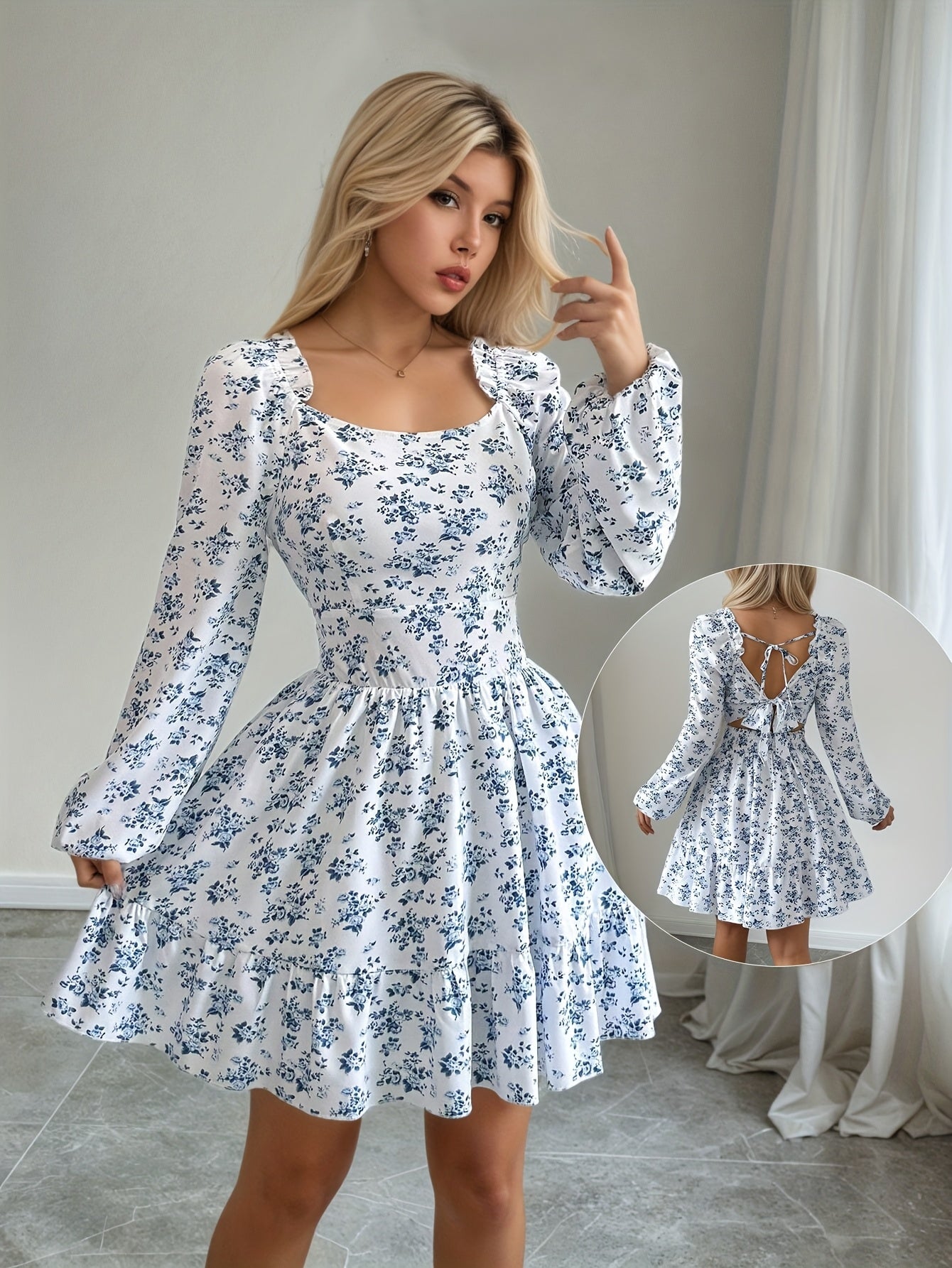 Women'S Sexy Elegant Square Neck Floral Print Long Sleeve Dress with Shirred Back Tie and Ruffle Detail, Polyester, All-Season Wear